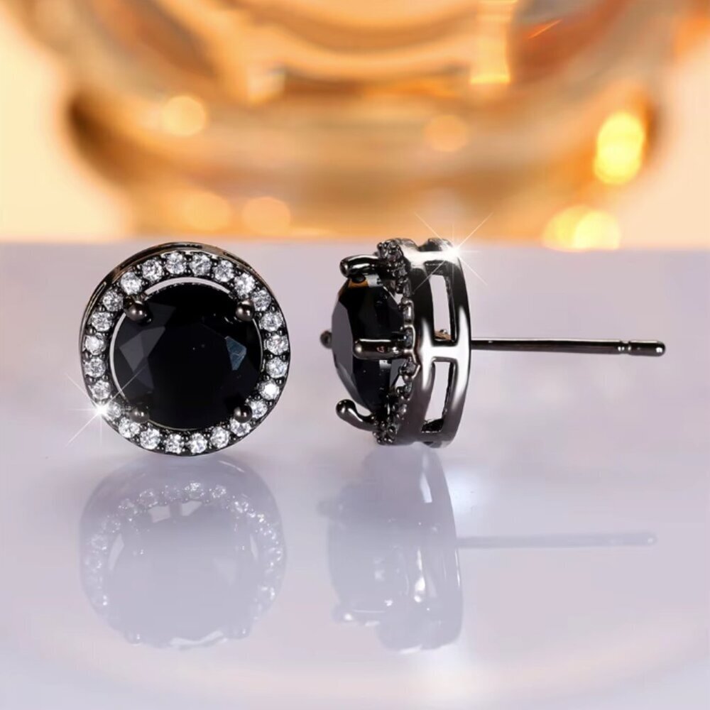 NEW 14k Black Gold Black Sapphire Diamond Stud Earrings Round Cut - Picture 5 of 6